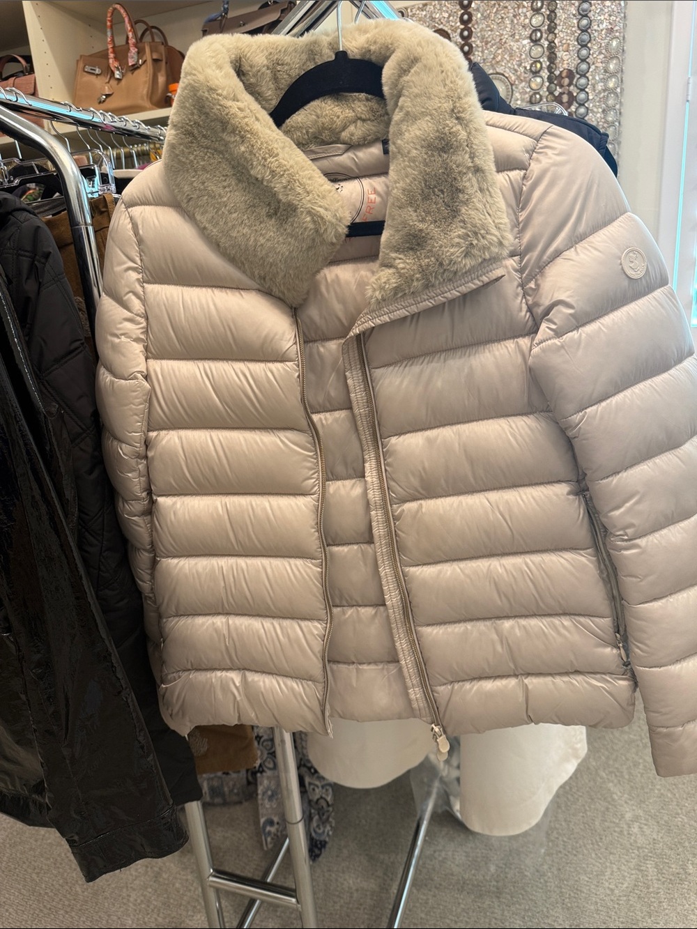 SAVE THE DUCK Light Beige Quilted Puffer Jacket with Faux Fur Collar